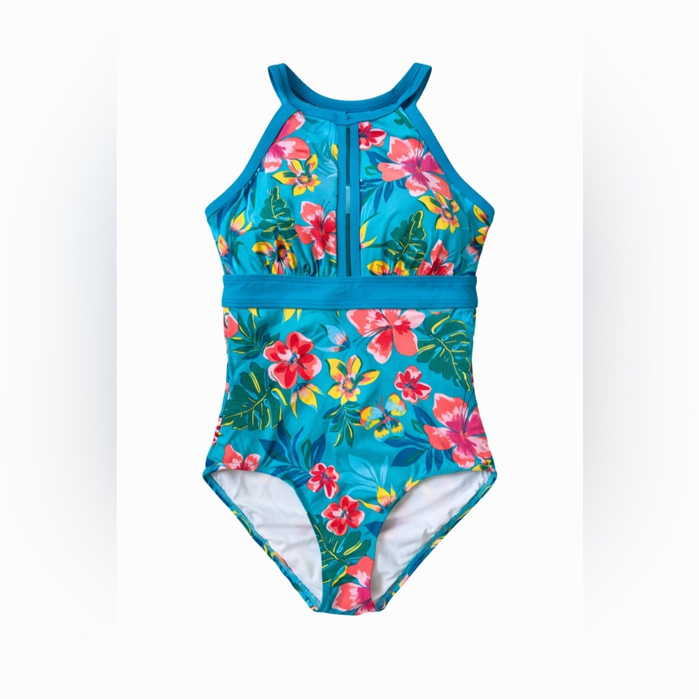 Lands’ End Floral Tummy Control One Piece Swimsuit Size 10 DD Blue Orange